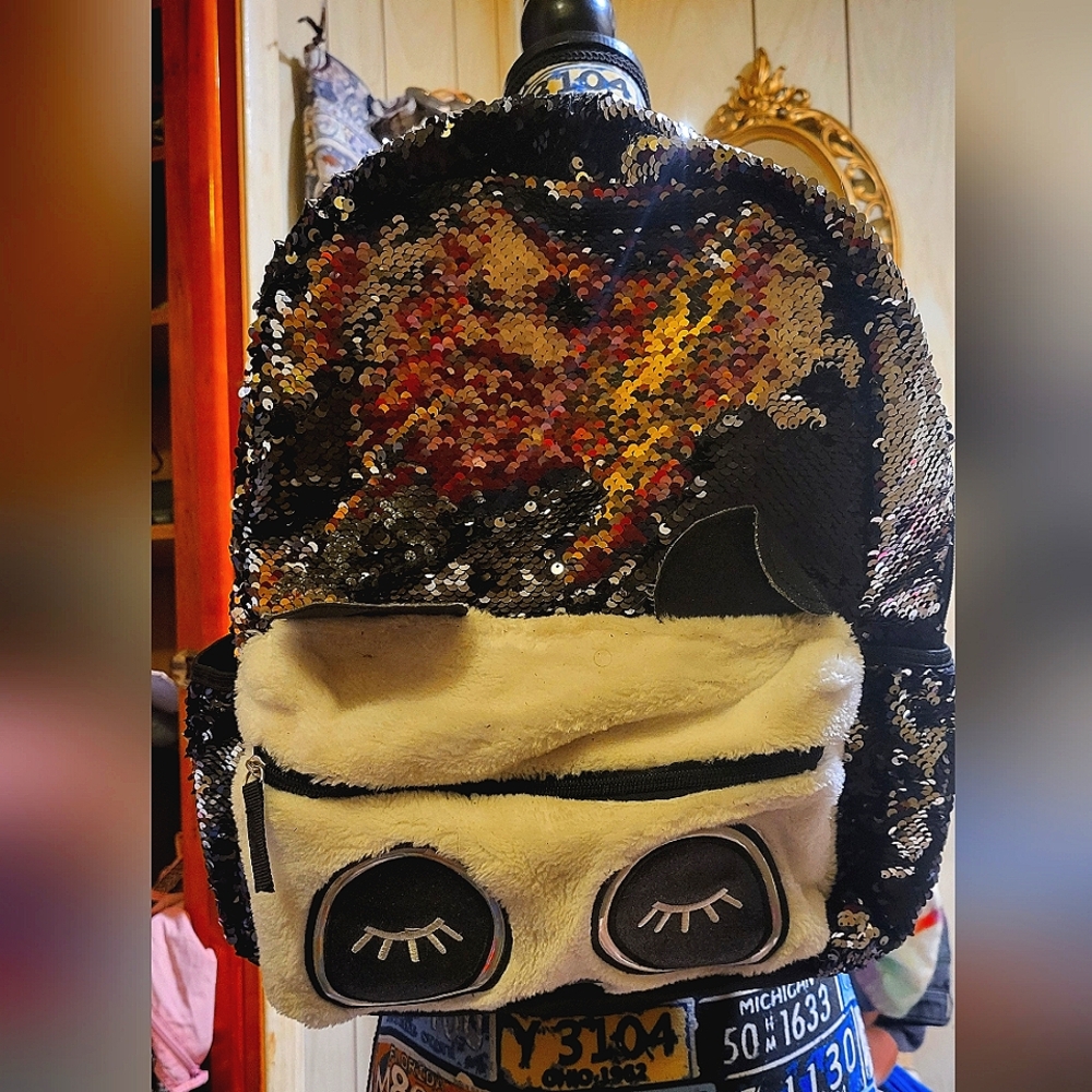 Sequin and Faux Fur Backpack with Panda Design